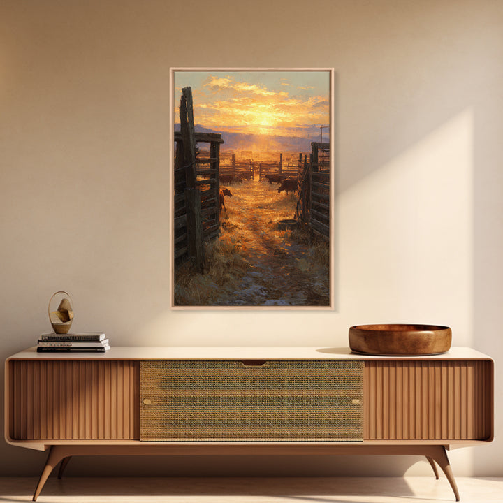 Sunset Over Rustic Cattle Farm Landscape Wall Art Framed Canvas Print For Western Home Decor And Cozy Living Room