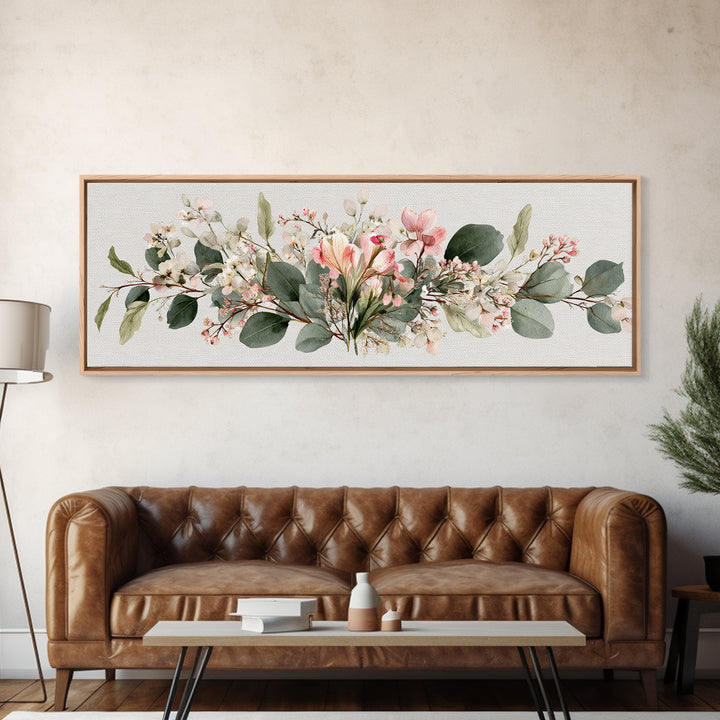 Soft Eucalyptus And Blush Magnolia Garland Wall Art, Panoramic Botanical Print, Neutral Floral Decor, Above Bed Canvas Print