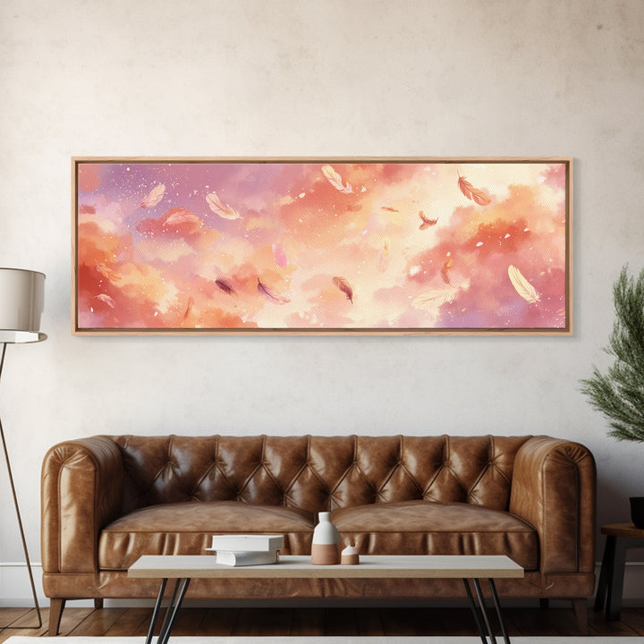 Pink Feather Cloud Sky Wall Art, Dreamy Celestial Canvas Print, Pastel Nursery Decor, Whimsical Bedroom Wall Decor, And Above Bed Art
