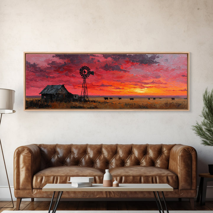 Rustic Windmill Homestead Sunset Wall Art, Western Landscape Canvas Print For Farmhouse Decor, Country Living Room Art Gift