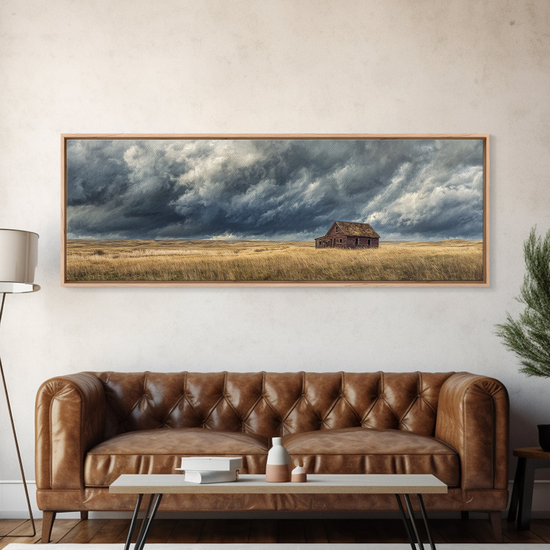 Abandoned Farmhouse Under Storm Clouds Wall Art, Moody Prairie Landscape Canvas, Rustic Country Decor For Living Room, Large Print