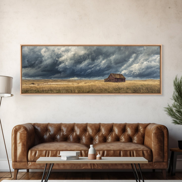 Abandoned Farmhouse Under Storm Clouds Wall Art, Moody Prairie Landscape Canvas, Rustic Country Decor For Living Room, Large Print