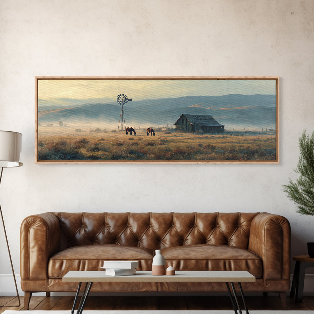 Misty Western Ranch Windmill Framed Canvas Print, Rustic Farmhouse Wall Art With Horses For Country Home Decor Gift Idea