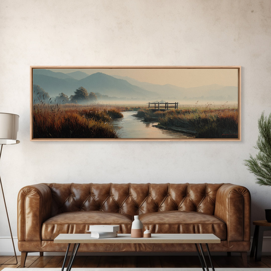 Misty Marsh Creek Canvas Print, Serene Mountain Landscape Wall Art, Neutral Nature Painting, Rustic Living Room Decor Print