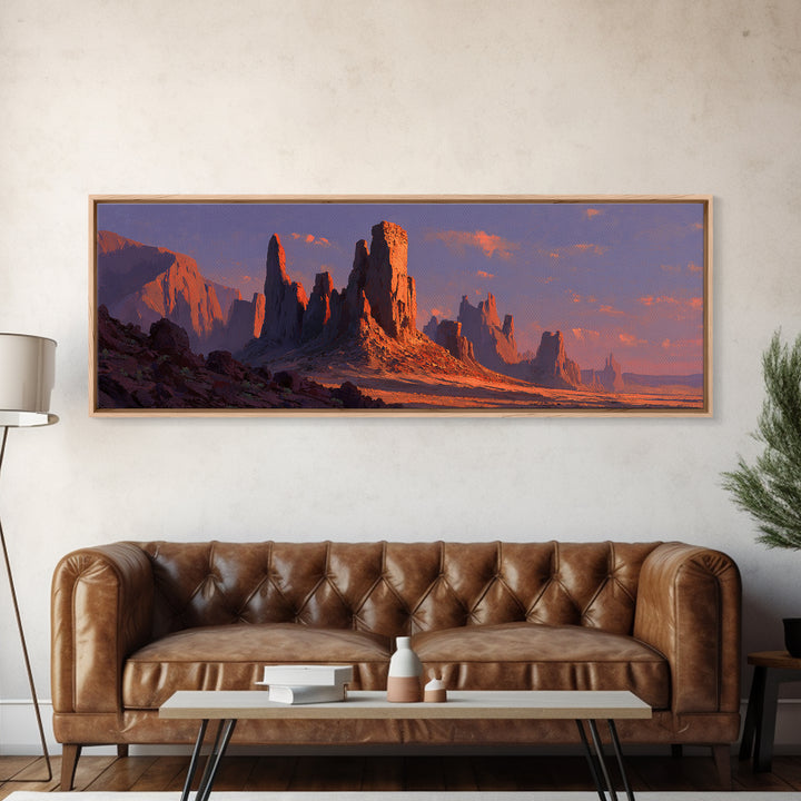 Sunset Desert Monoliths Wall Art, Panoramic Southwestern Landscape Print, Western Home Decor, Large Horizontal Canvas Print