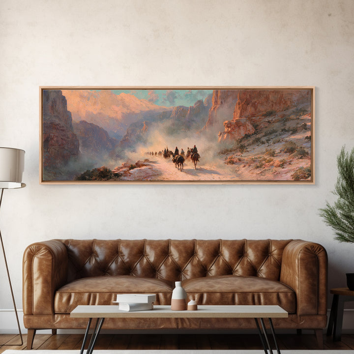 Western Riders In Sunlit Canyon Wall Art, Cowboy Landscape Painting, Southwestern Decor, Rustic Canvas Print For Living Room