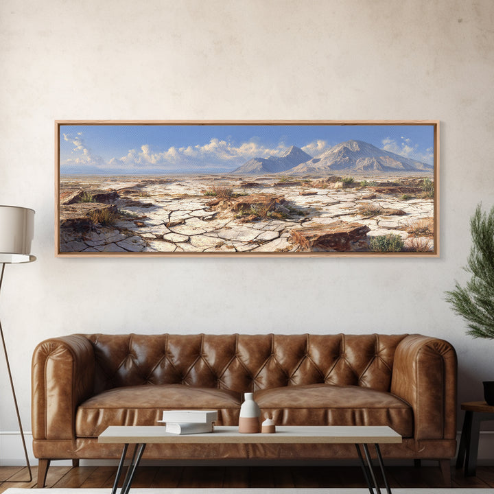 Cracked Desert Plain With Distant Mountains Wall Art, Southwestern Landscape Print, Earth Tone Home Decor, Large Canvas Print
