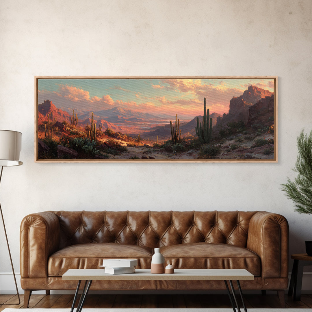 Desert Canyon Sunset With Saguaro Cactus Wall Art, Southwestern Landscape Framed Canvas Print, Rustic Home Decor For Living Room