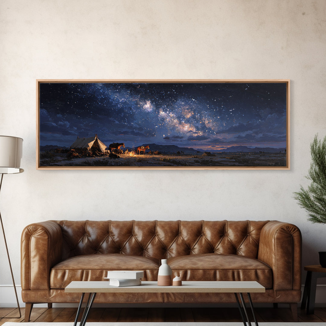 Starry Night Desert Camp With Horses Wall Art, Milky Way Western Landscape Canvas Print, Rustic Cowboy Decor For Living Room