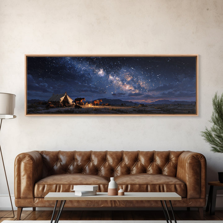 Starry Night Desert Camp With Horses Wall Art, Milky Way Western Landscape Canvas Print, Rustic Cowboy Decor For Living Room