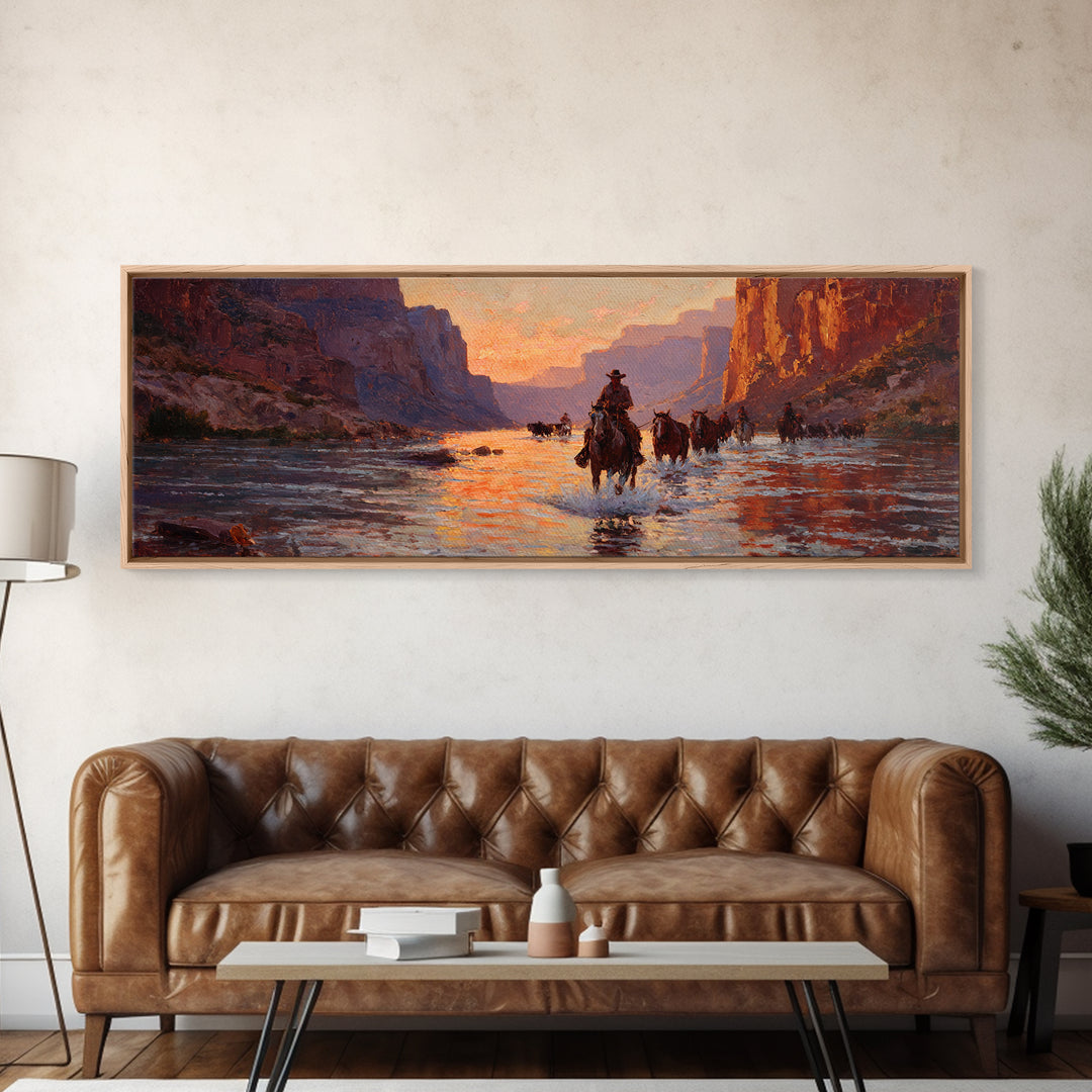 Cowboys Crossing River Canyon Framed Canvas Print, Large Western Wall Art, Sunset Landscape, Rustic Ranch Decor, Gift For Him