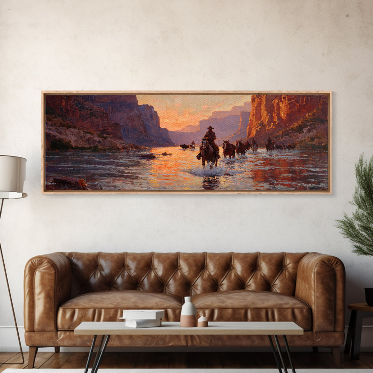 Cowboys Crossing River Canyon Framed Canvas Print, Large Western Wall Art, Sunset Landscape, Rustic Ranch Decor, Gift For Him