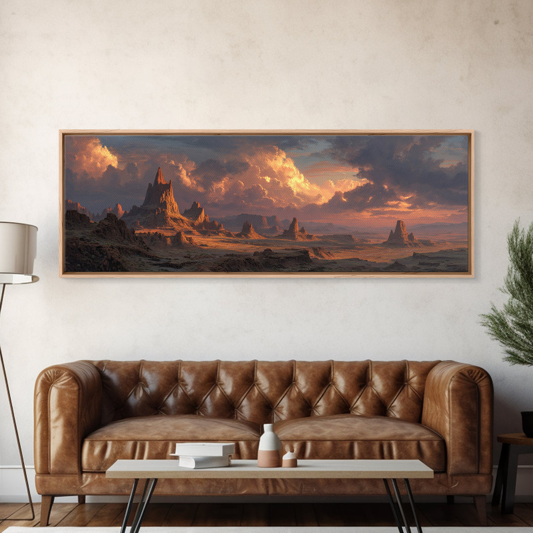 Epic Desert Spires At Sunset Canvas Print, Fantasy Landscape Wall Art For Game Room Decor, Southwestern Sci Fi Home Decor