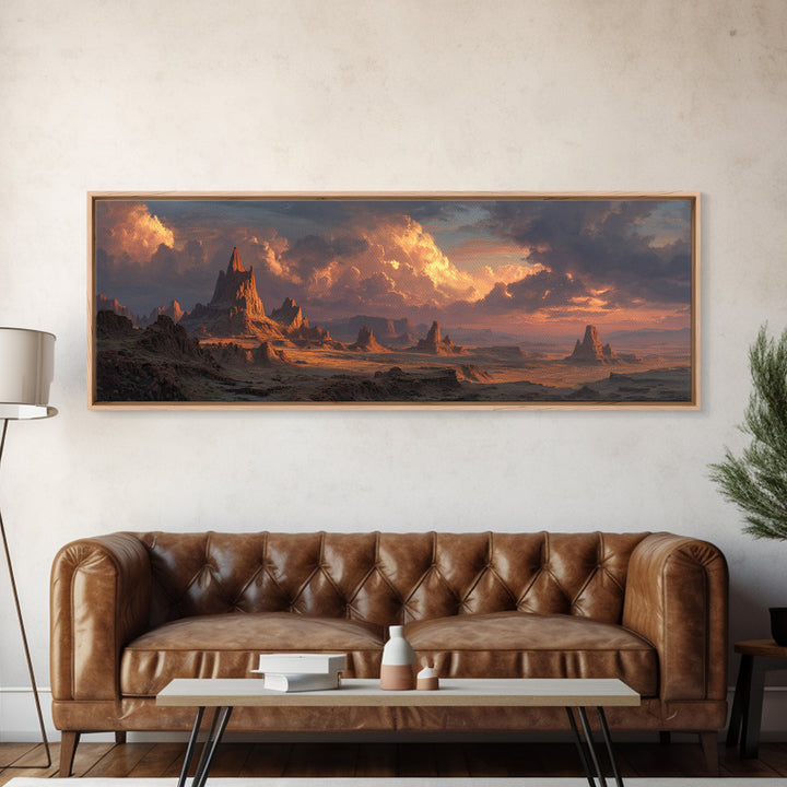 Epic Desert Spires At Sunset Canvas Print, Fantasy Landscape Wall Art For Game Room Decor, Southwestern Sci Fi Home Decor