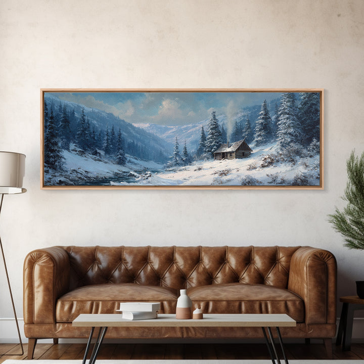 Snowy Mountain Cabin In Pine Forest, Winter Wall Art, Landscape Canvas Print, Rustic Lodge Decor, Cozy Cabin Decor, Nature Wall Art