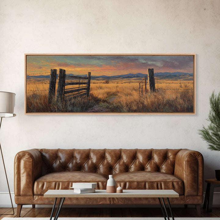 Weathered Fence And Golden Prairie Framed Canvas Print, Rustic Country Wall Art, Farmhouse Landscape, Warm Neutral Decor