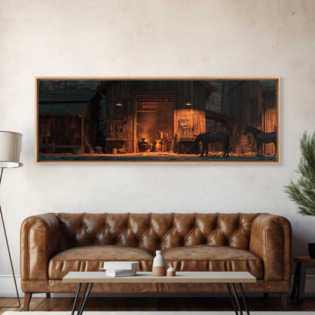 Rustic Horse Barn Wall Art, Warm Western Stable At Night, Farmhouse Ranch Decor, Cowboy Living Room Large Framed Canvas Print