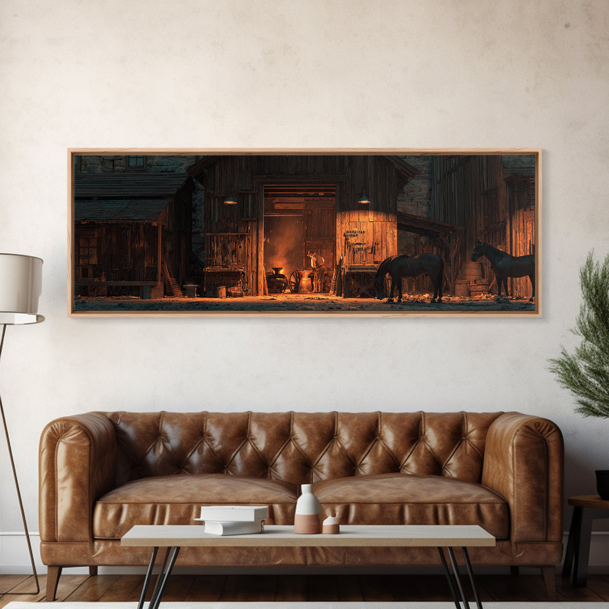 Rustic Horse Barn Wall Art, Warm Western Stable At Night, Farmhouse Ranch Decor, Cowboy Living Room Large Framed Canvas Print