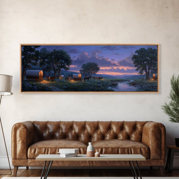 Covered Wagons At Twilight River Wall Art, Western Landscape Canvas Print, Rustic Farmhouse Decor, Cowboy Home Decor Gift