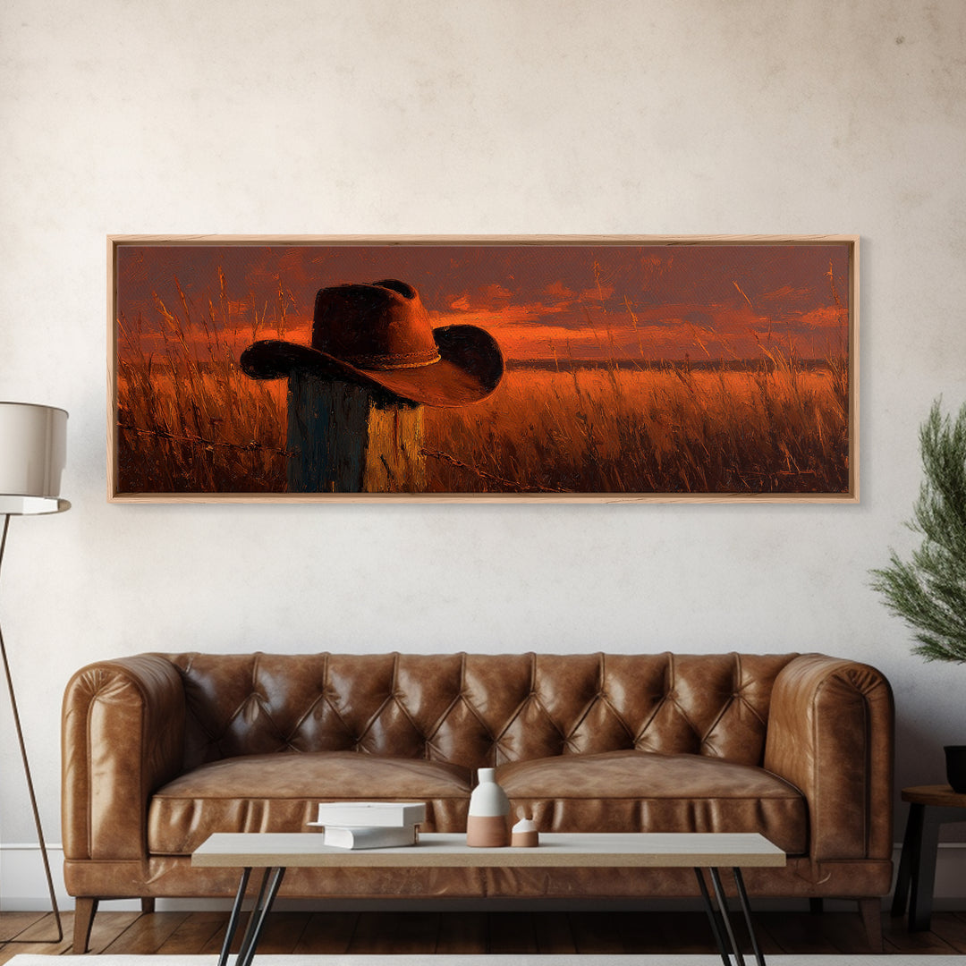 Weathered Cowboy Hat At Golden Sunset Wall Art, Western Ranch Decor, Rustic Country Landscape Print, Farmhouse Canvas Print