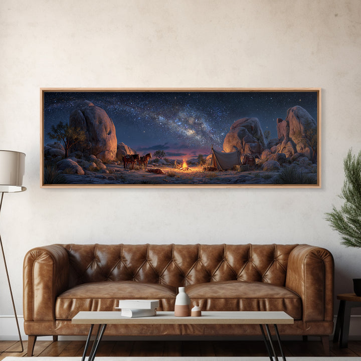 Milky Way Desert Camp With Wagon Framed Canvas Print, Western Night Sky Wall Art, Rustic Cabin Decor And Housewarming Gift For Him