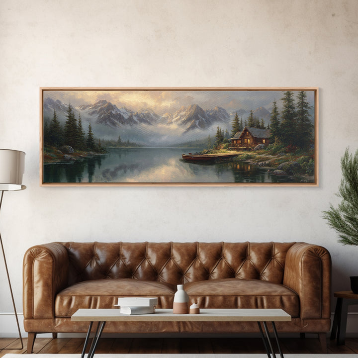 Mountain Lake Cabin Wall Art, Misty Alpine Landscape Canvas, Rustic Nature Decor, Large Horizontal Living Room Print, Housewarming Gift