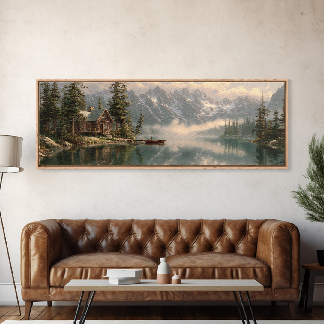 Misty Alpine Cabin Lake Wall Art, Mountain Landscape Canvas, Rustic Nature Decor, Large Horizontal Living Room Print, Housewarming Gift
