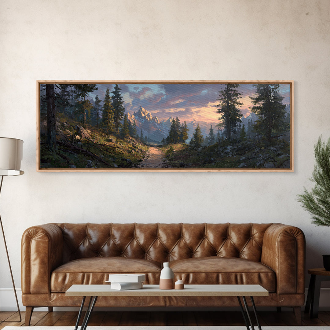 Misty Mountain Forest Trail Canvas Print, Panoramic Landscape Wall Art, Rustic Cabin Decor, Nature Print, Living Room Art