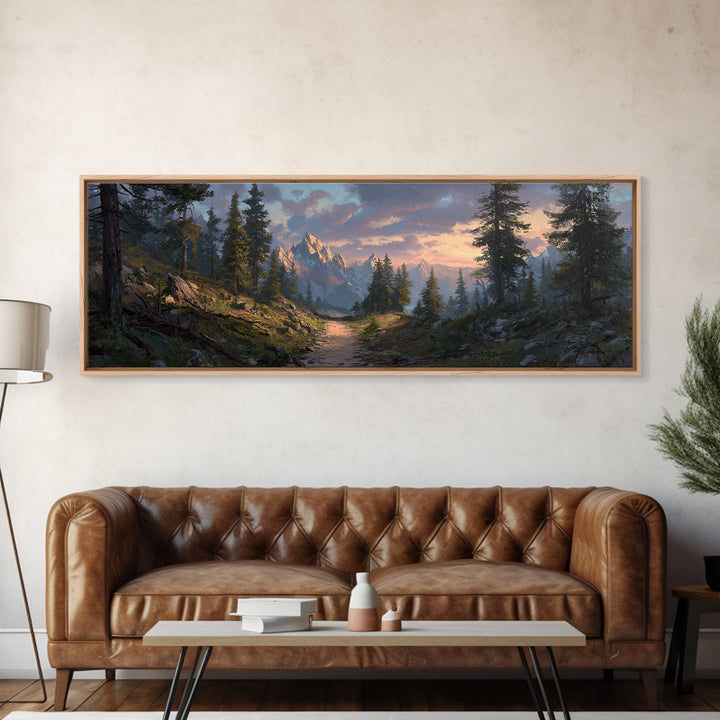 Misty Mountain Forest Trail Canvas Print, Panoramic Landscape Wall Art, Rustic Cabin Decor, Nature Print, Living Room Art