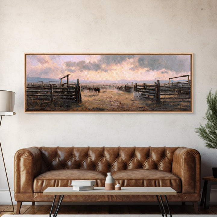 Rustic Cattle Corral At Sunset Wall Art, Western Ranch Canvas Print, Farmhouse Country Decor, Moody Landscape Gift For Him