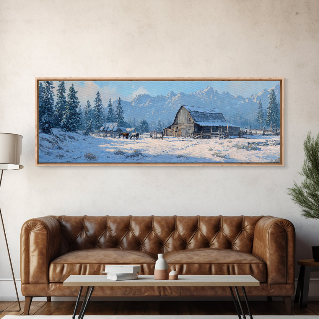 Snowy Mountain Barn Framed Canvas Print, Rustic Farmhouse Wall Art, Winter Landscape Decor, Cabin Living Room Wall Art Print