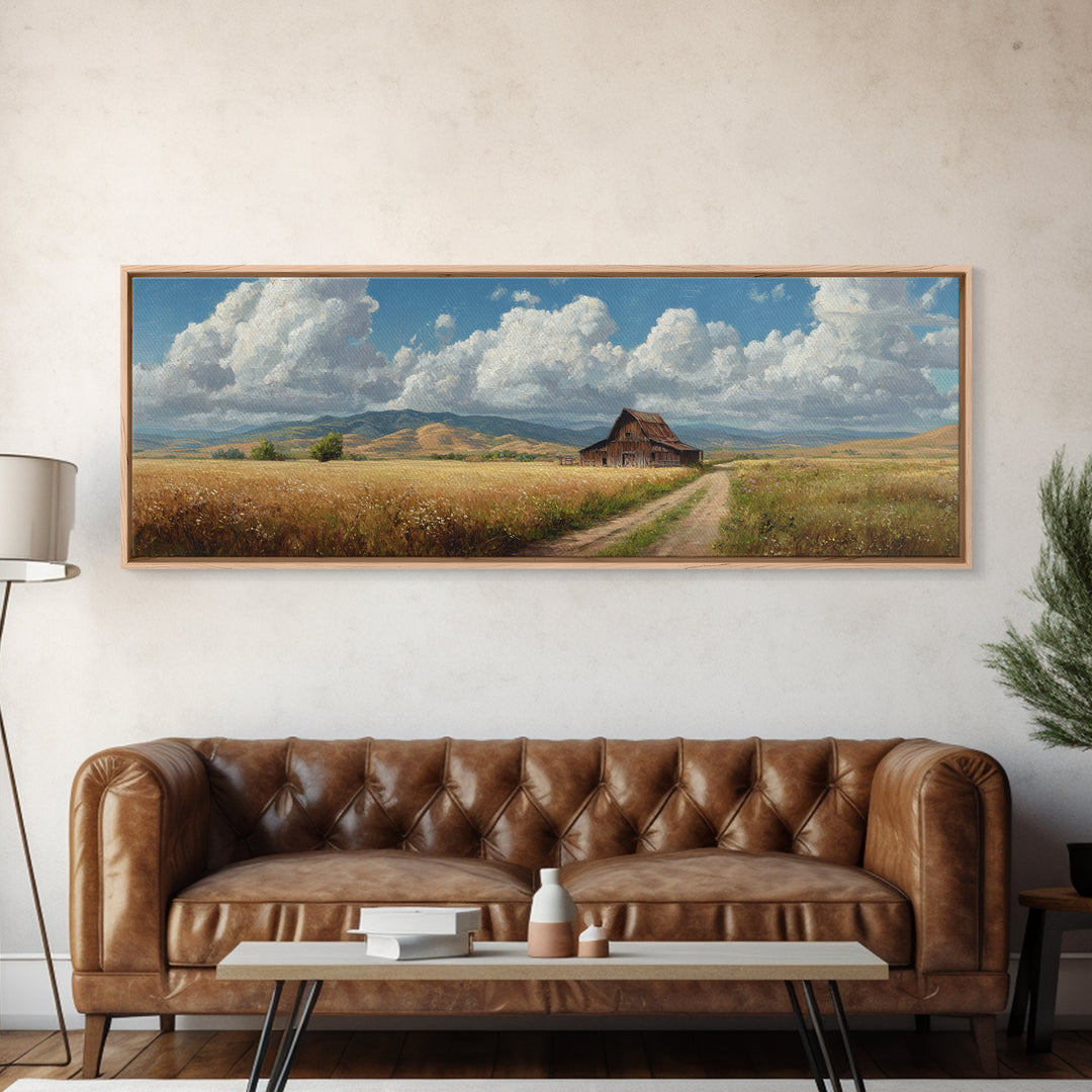 Rustic Prairie Barn Wall Art, Country Landscape Canvas Print, Farmhouse Decor, Rural Home Decor, Large Horizontal Art, Living Room Decor
