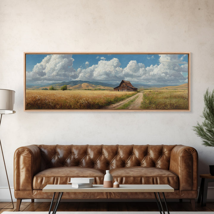 Rustic Prairie Barn Wall Art, Country Landscape Canvas Print, Farmhouse Decor, Rural Home Decor, Large Horizontal Art, Living Room Decor
