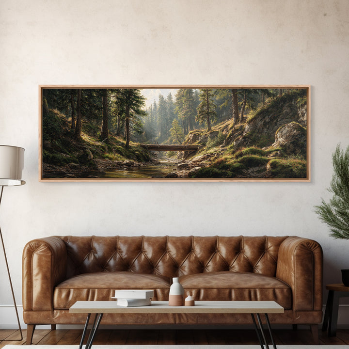 Sunlit Forest Creek Framed Canvas Print, Rustic Landscape Wall Art, Nature Cabin Decor, Large Horizontal Living Room Art