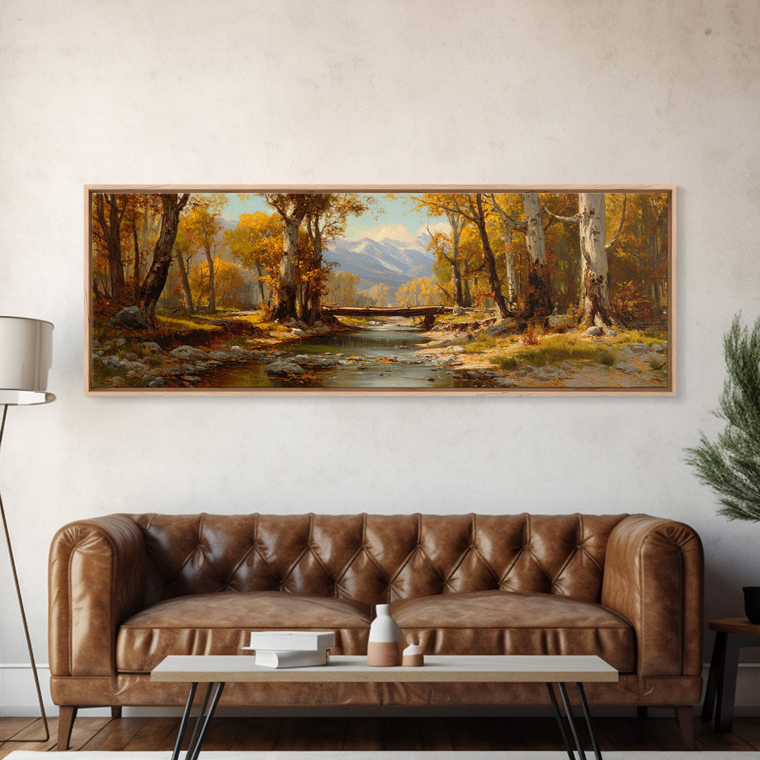 Autumn River Birch Forest Canvas Print, Mountain Landscape Painting, Rustic Wall Art, Farmhouse Decor, Nature Wall Decor