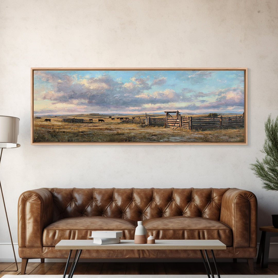 Wide Western Prairie Corral Canvas Print, Rustic Ranch Landscape Wall Art, Farmhouse Decor, Cowboy Housewarming Gift For Him