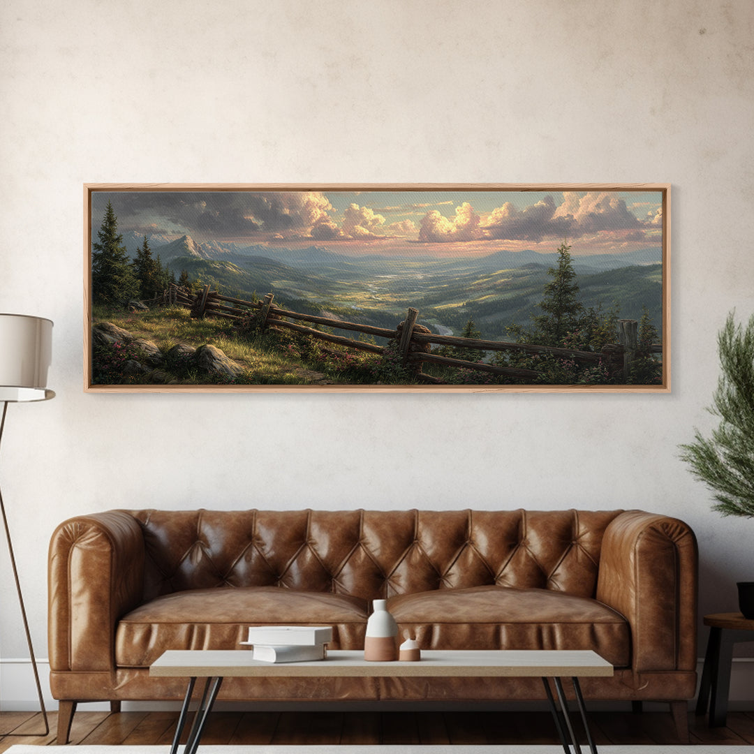 Misty Mountain Valley Landscape Wall Art, Rustic Cabin Nature Painting, Large Panoramic Decor For Living Room And Office