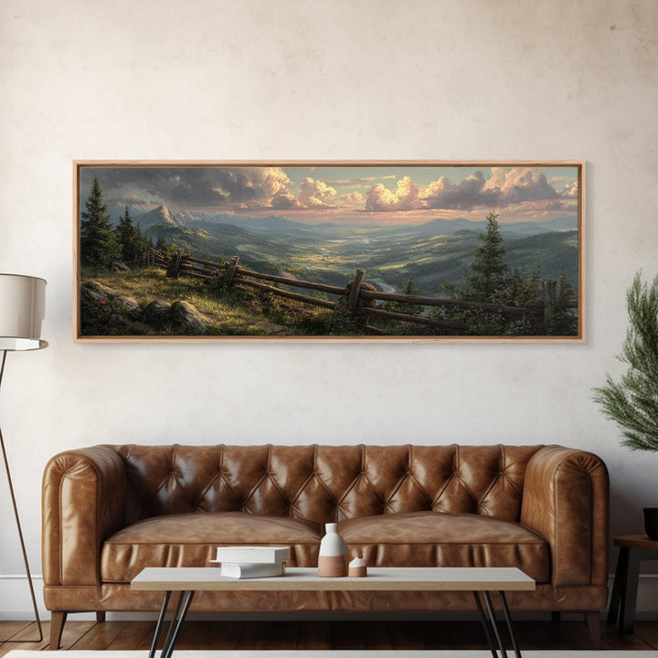 Misty Mountain Valley Landscape Wall Art, Rustic Cabin Nature Painting, Large Panoramic Decor For Living Room And Office