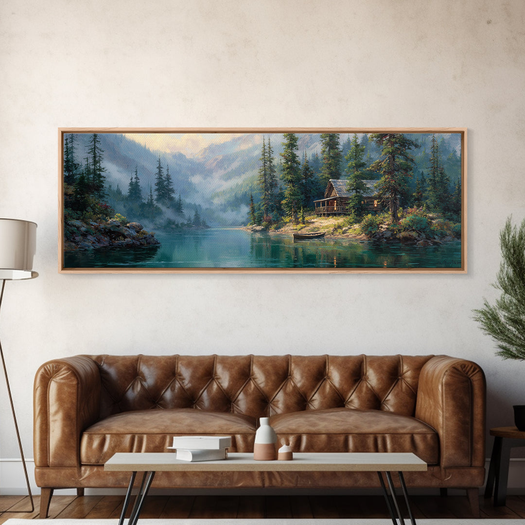 Misty Mountain Lake Cabin Wall Art, Rustic Landscape Painting, Nature Wall Decor, Lake House Canvas, Cozy Home Decor Gift