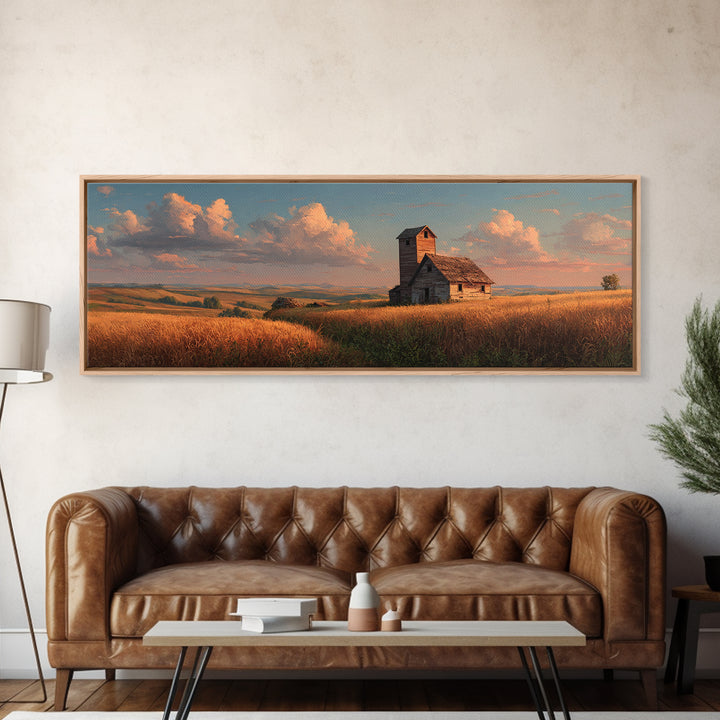 Rustic Prairie Church Framed Canvas Print, Country Landscape Wall Art, Farmhouse Home Decor, Golden Field, Housewarming Gift