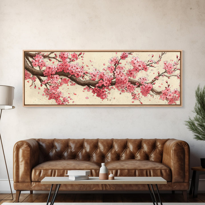 Pink Cherry Blossom Branch Wall Art, Japanese Floral Canvas Print, Botanical Wall Decor, Japandi Bedroom Art Print, Above Bed Decor
