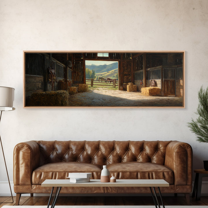 Rustic Horse Barn Interior Wall Art, Sunlit Stable Landscape Canvas Print, Equestrian Farmhouse Decor, Country Gift For Horse Lover
