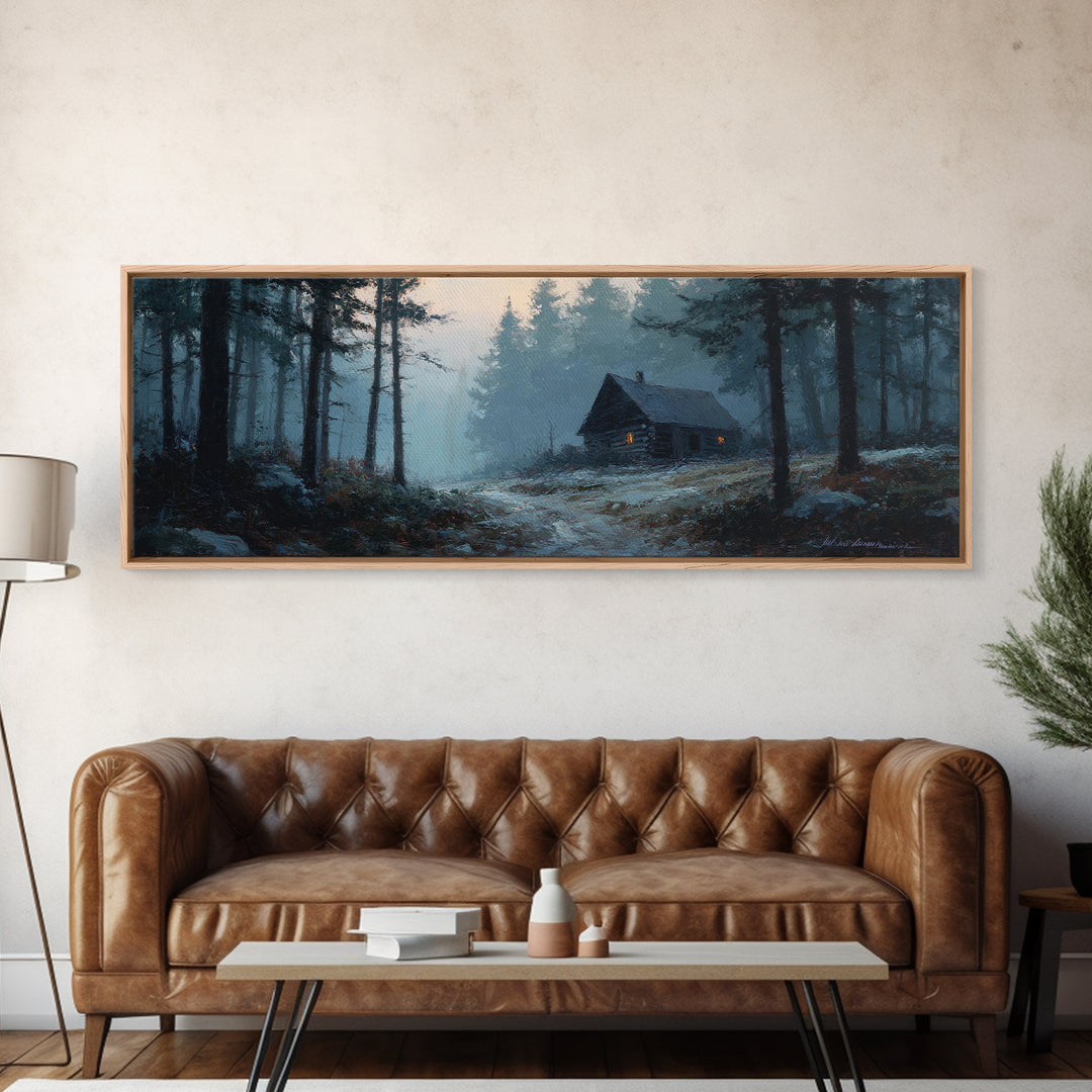 Snowy Cabin In Misty Pine Forest Wall Art, Winter Landscape Canvas Print, Rustic Cabin Decor, Cozy Nature Wall Decor, Above Bed Art
