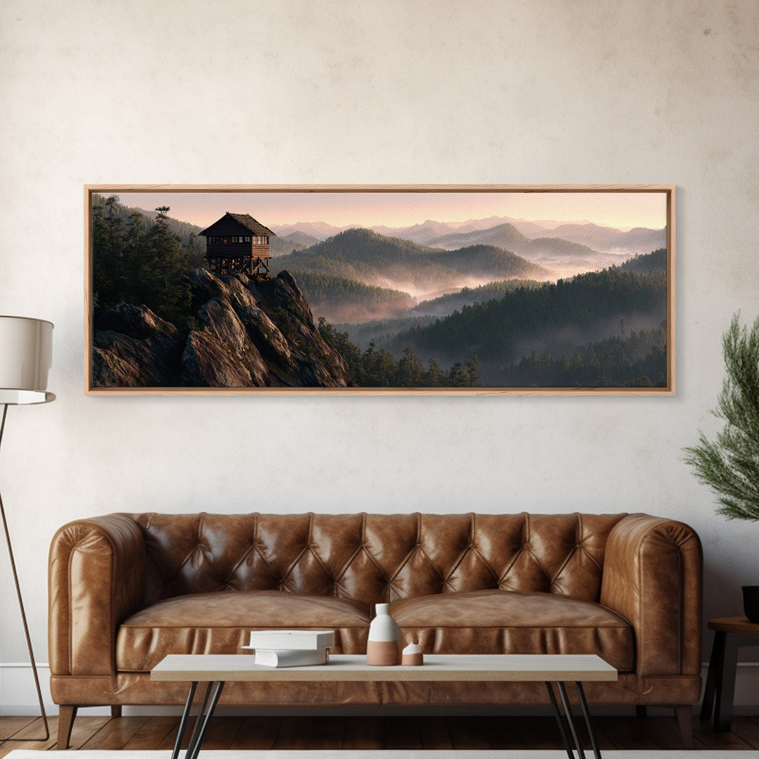 Misty Mountain Lookout Cabin Framed Canvas Print, Rustic Wall Art, Forest Landscape Decor, Cabin Housewarming Nature Gift
