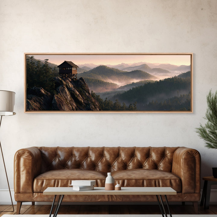 Misty Mountain Lookout Cabin Framed Canvas Print, Rustic Wall Art, Forest Landscape Decor, Cabin Housewarming Nature Gift