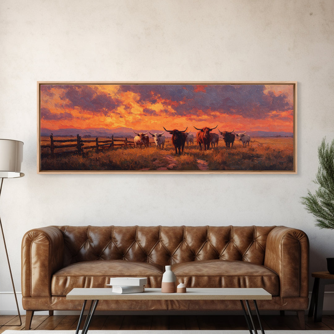 Longhorn Cattle At Fiery Sunset Wall Art, Western Ranch Landscape Canvas Print, Rustic Farmhouse Decor, Cowboy Gift For Him