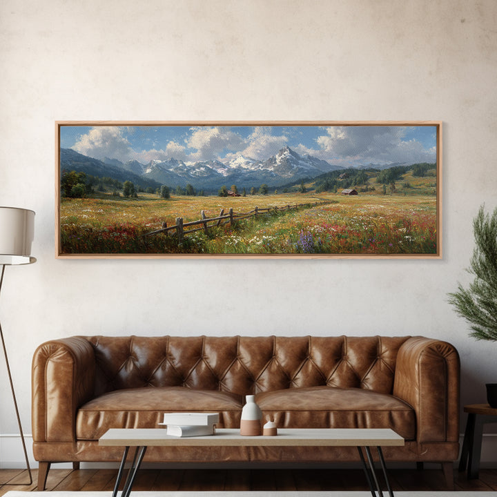 Wildflower Meadow Mountain Wall Art, Alpine Landscape Canvas Print, Rustic Farmhouse Decor, Large Living Room Art Housewarming Gift