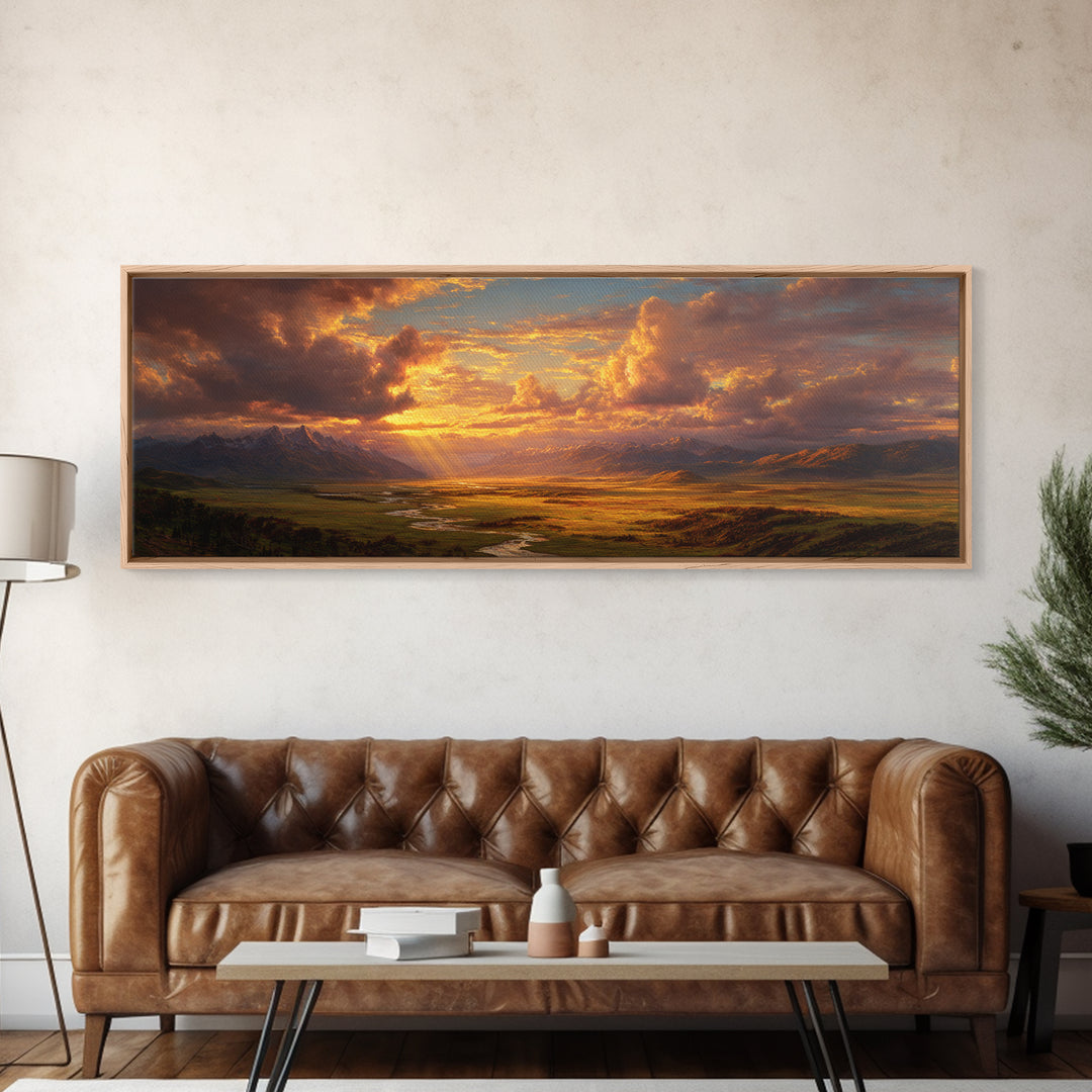Golden Mountain Valley Sunset Wall Art, Panoramic Landscape Painting, Rustic Nature Decor For Living Room And Office Wall Decor