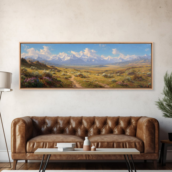 Wildflower Meadow Mountain Landscape Wall Art, Panoramic Canvas Print, Rustic Nature Decor, Large Living Room Wall Decor
