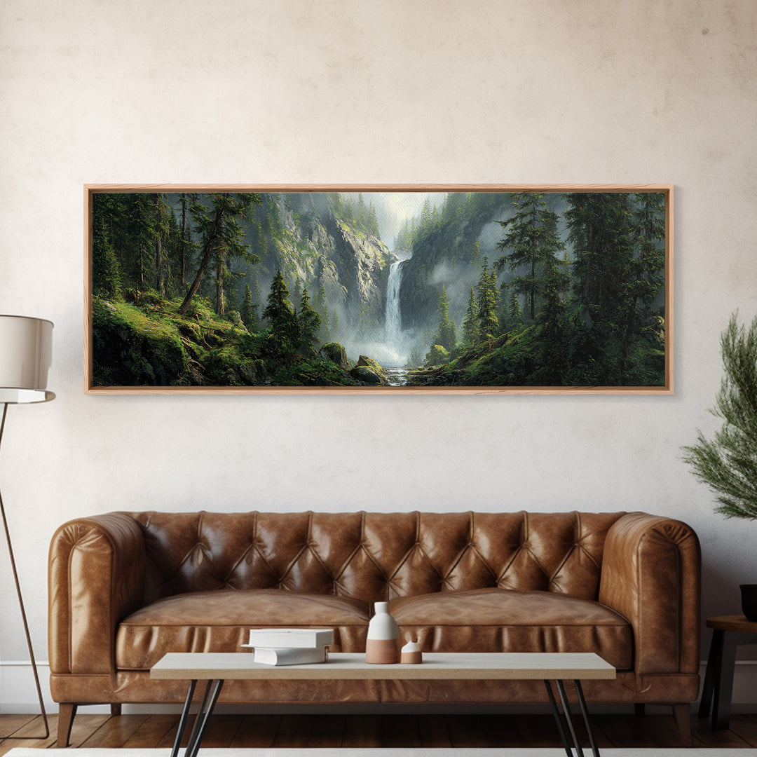 Misty Waterfall Forest Framed Canvas Print, Mountain Landscape Wall Art, Nature Wall Decor, Cabin Decor, Large Horizontal Art